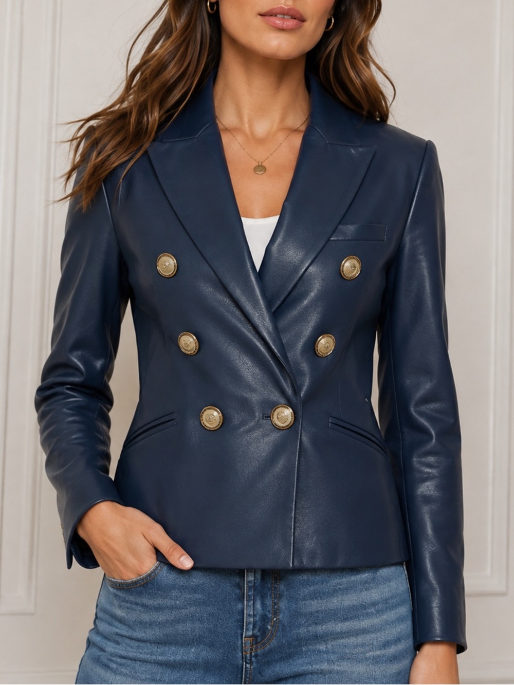 Veronica Beard Nevis Faux Leather Jacket Navy Double Breasted Blazer Size 12